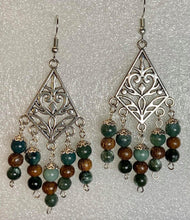 Load image into Gallery viewer, Moss Agate and Los Robles wood Chandelier Earrings