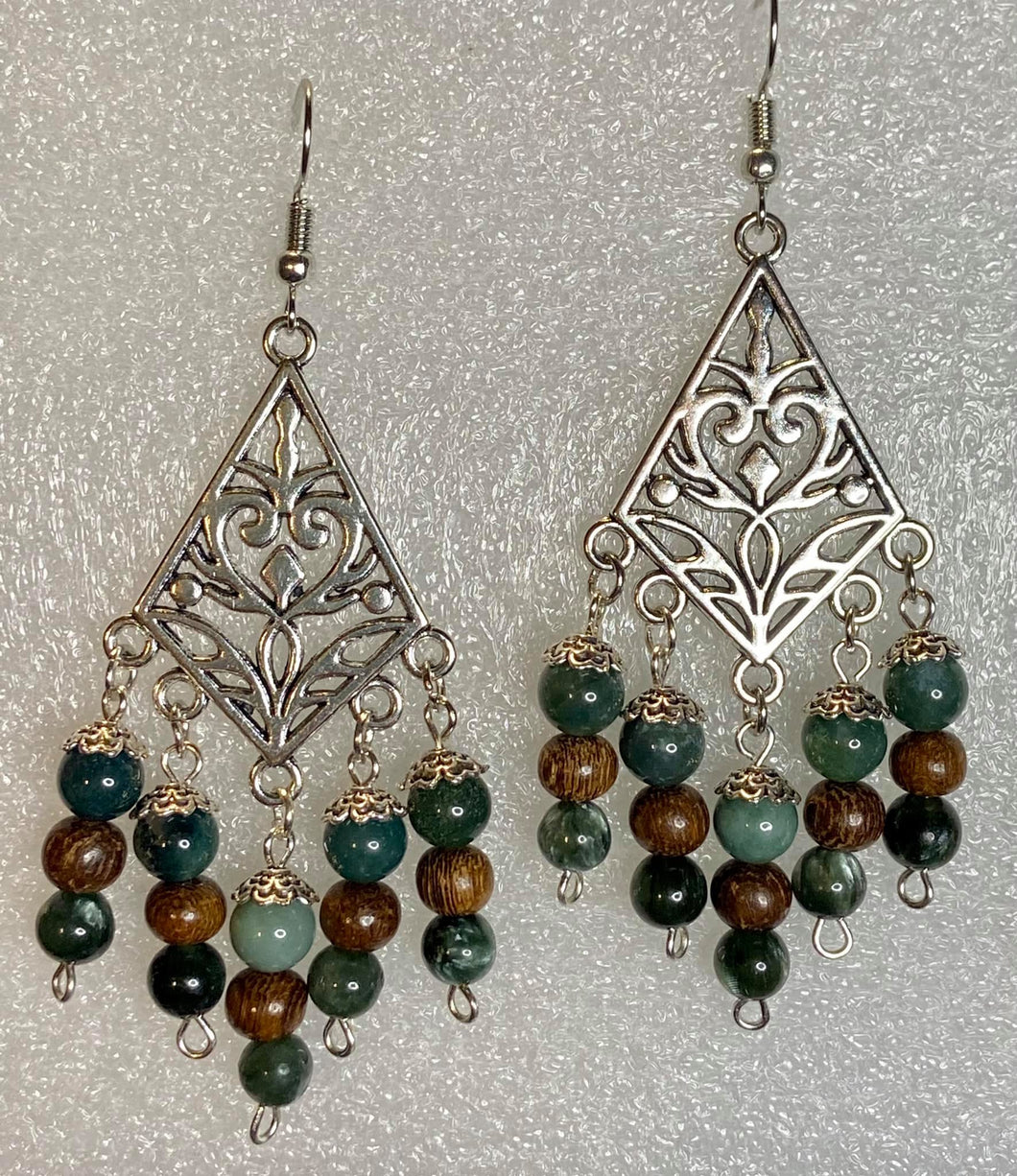 Moss Agate and Los Robles wood Chandelier Earrings