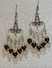 Load image into Gallery viewer, Garnet and Rose Quartz Chandelier Earrings