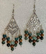 Load image into Gallery viewer, Moss Agate and Los Robles wood Chandelier Earrings
